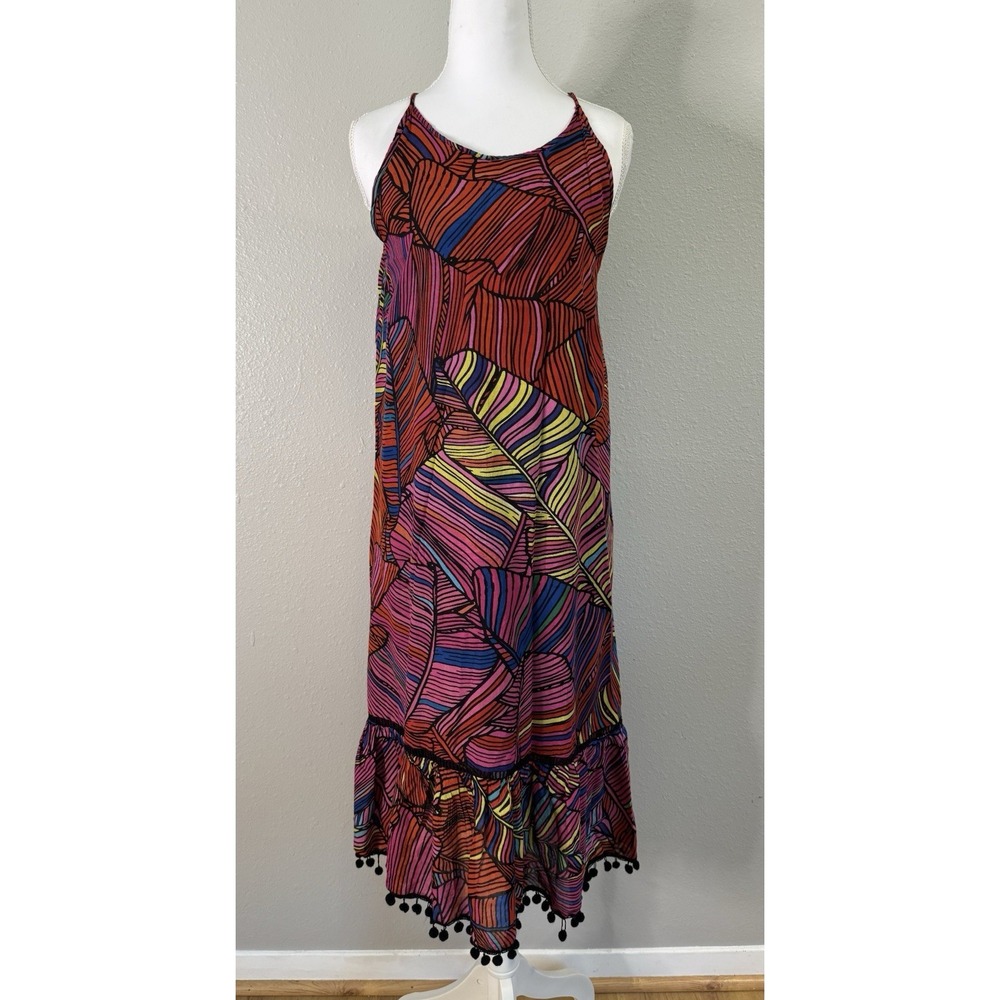 For The Republic Tropical Palm Leaf Pom Pom‎ Trim Midi Dress Whimsigoth Boho S